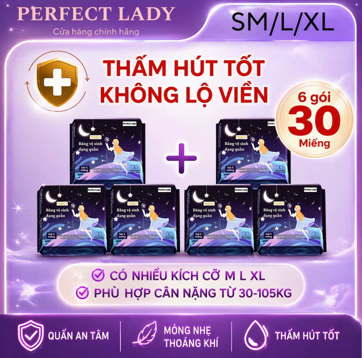[MUA 3 TẶNG 3] Băng Vệ Sinh Dạng Quần PERFECT LADY (Gồm 30 Miếng) mềm mại, thấm hút tốt, không lộ viền, dùng ngày và đêm