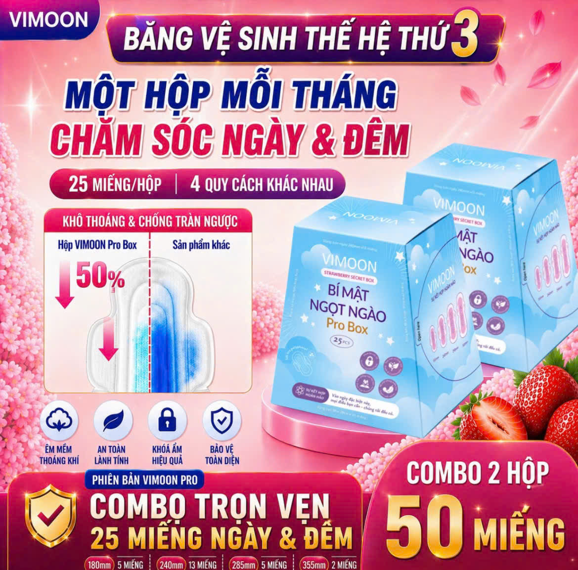 (COMBO 2 HỘP 50 MIẾNG) Băng vệ sinh VIMOON Pro Box Thế hệ thứ 3