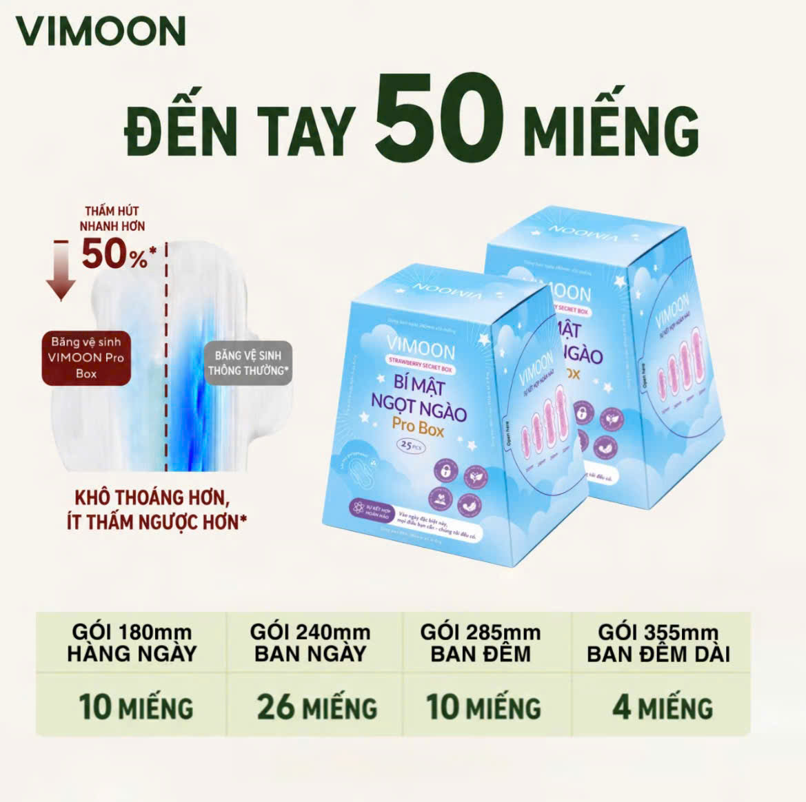 (COMBO 2 HỘP 50 MIẾNG) Băng vệ sinh VIMOON Pro Box Thế hệ thứ 3